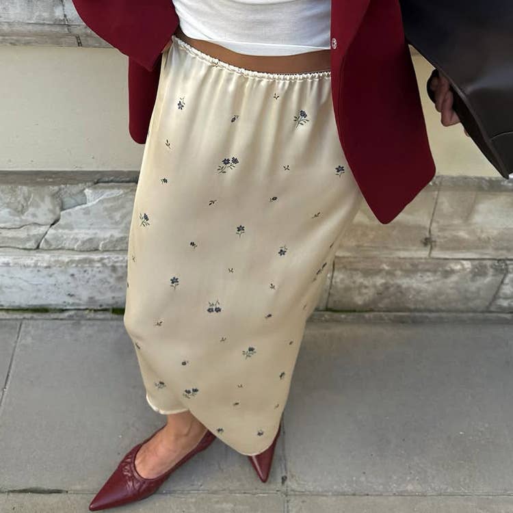 Stylish printed satin wrap hip Maxi skirt
