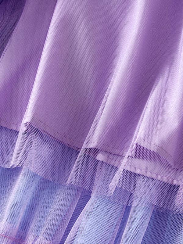A-Line High-Low Contrast Color Elasticity Gauze Gradient Pleated Split-Joint Tiered Skirts