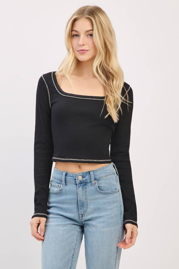 LONG SLEEVE SQUARE NECK RIBBED TOP W/ SCALLOP