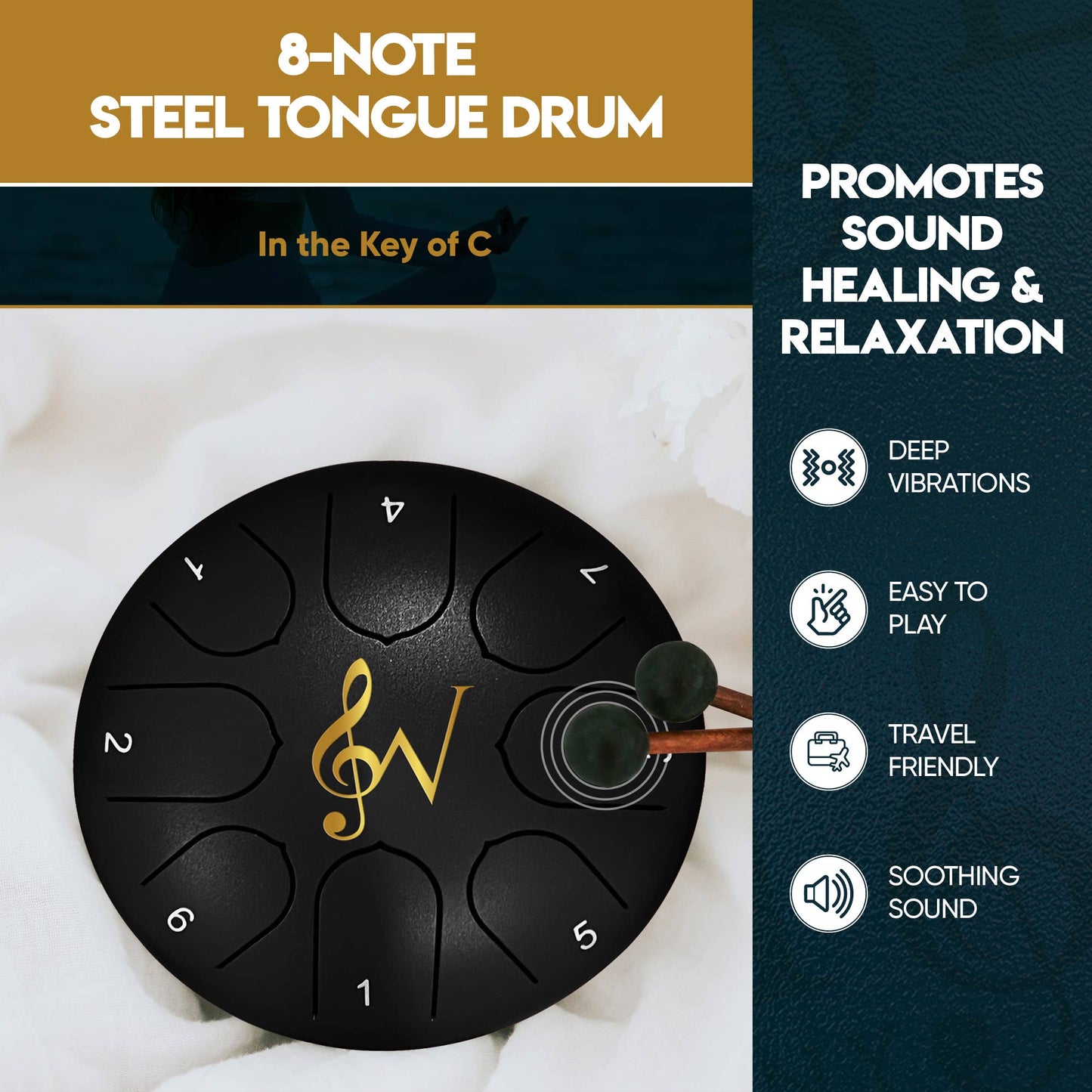 6-Inch 8-Notes Steel Tongue Drum Meditation Rain Drum - Black