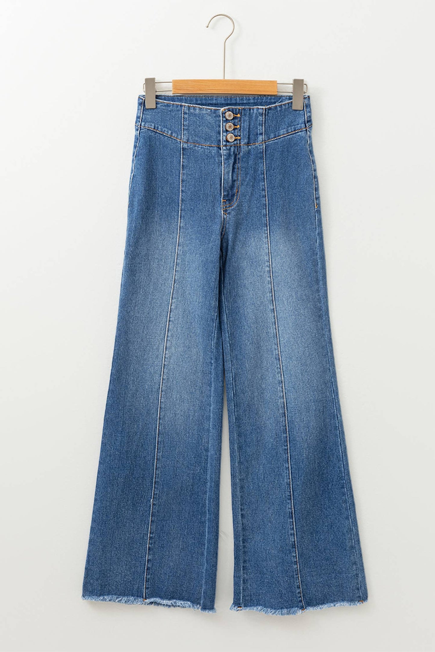 High Waist Button Fly Seamed Raw Hem Flare Jeans with Pocket