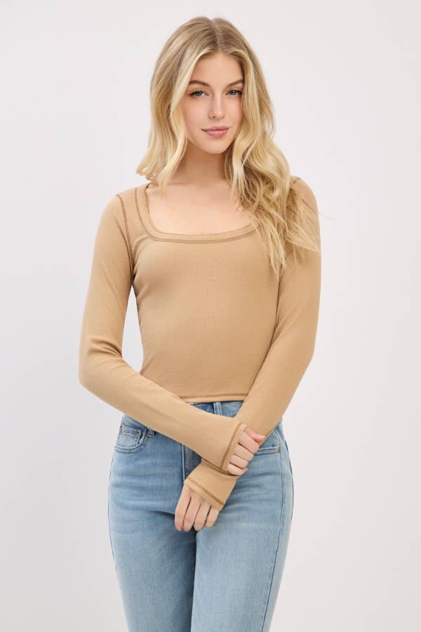 LONG SLEEVE SQUARE NECK RIBBED TOP W/ SCALLOP
