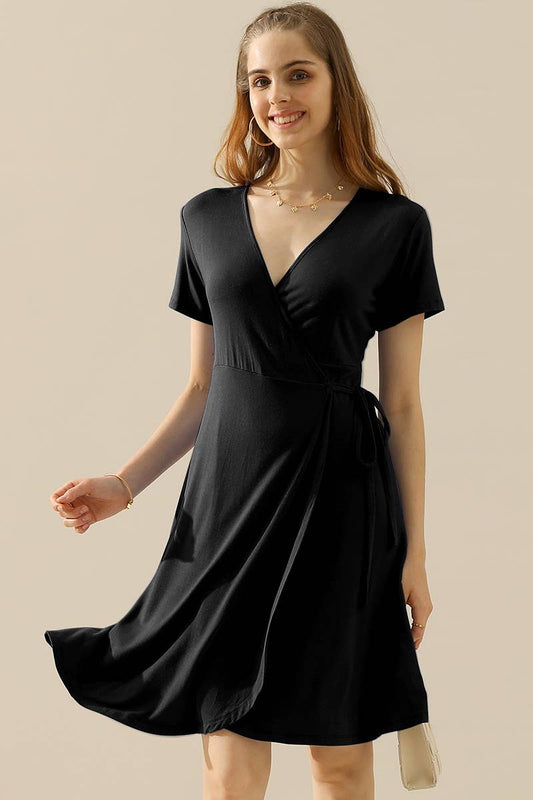 V NECK CASUALSHORT SLEEVE WRAP DRESSES