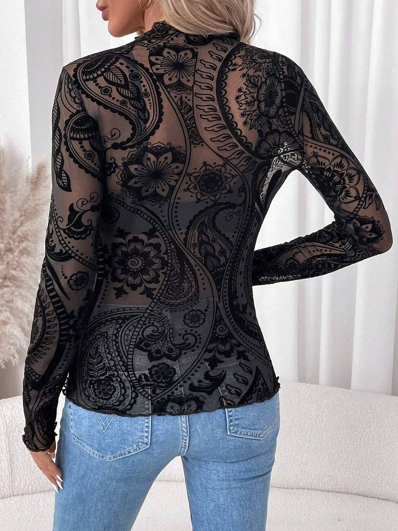 Elegant Paisley Print Sheer Long Sleeve Shirt