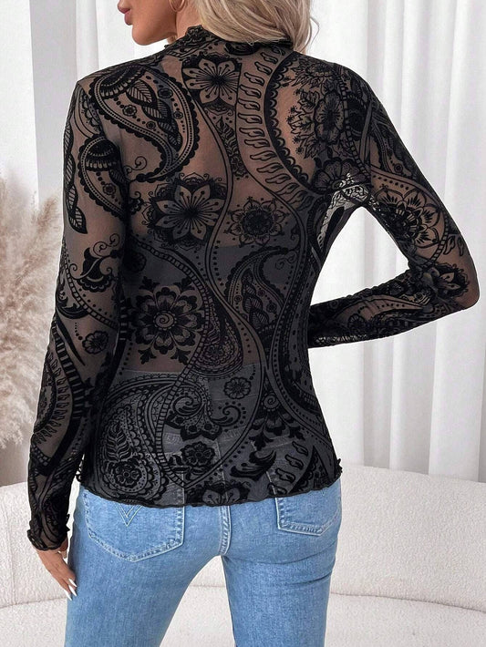 Elegant Paisley Print Sheer Long Sleeve Shirt
