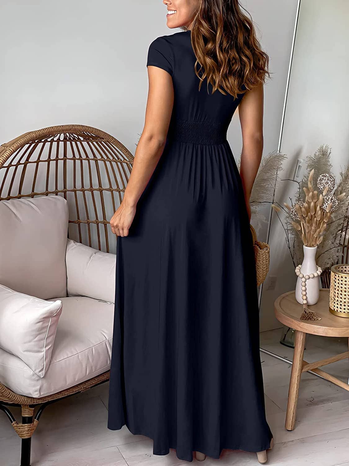 High-Waisted, Slit Pleated V-Neck Long Dress
