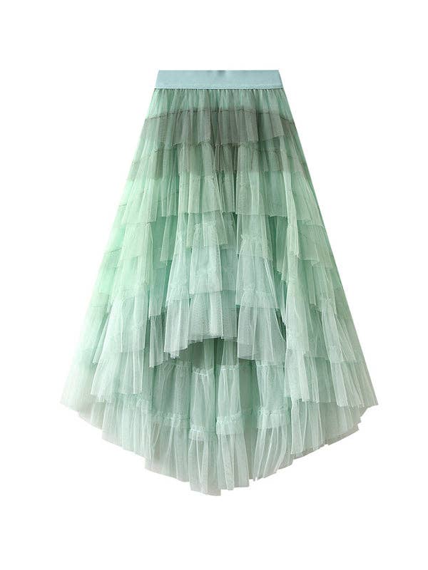 A-Line High-Low Contrast Color Elasticity Gauze Gradient Pleated Split-Joint Tiered Skirts