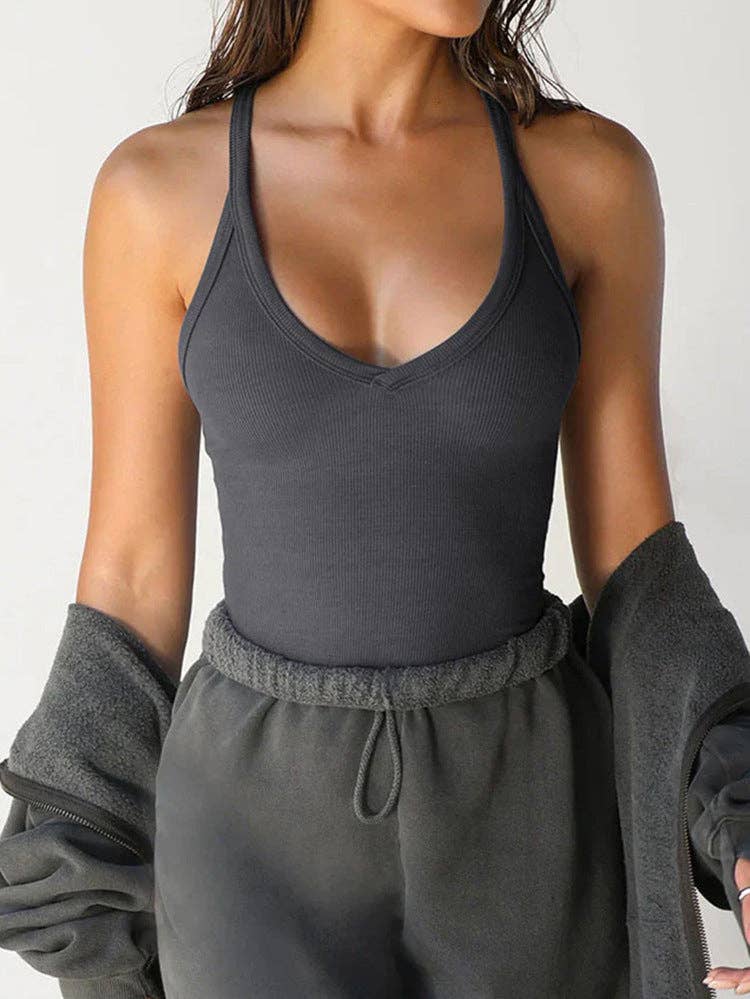 Ribbed V Neck Cami Tank Slim Fit Basic Summer Top