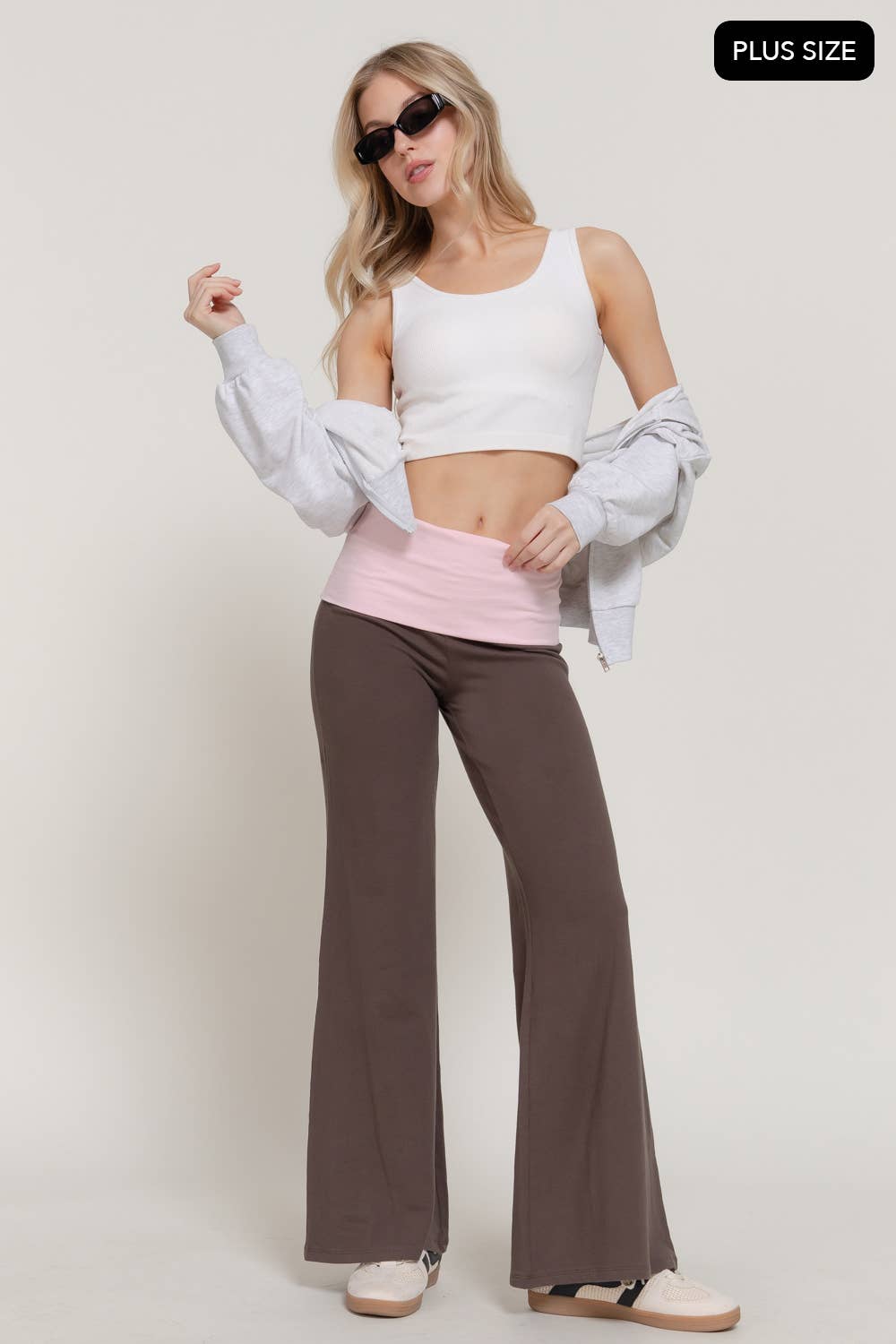 [PLUS SIZE] Contrasting Color Folded Waist Yoga Pants