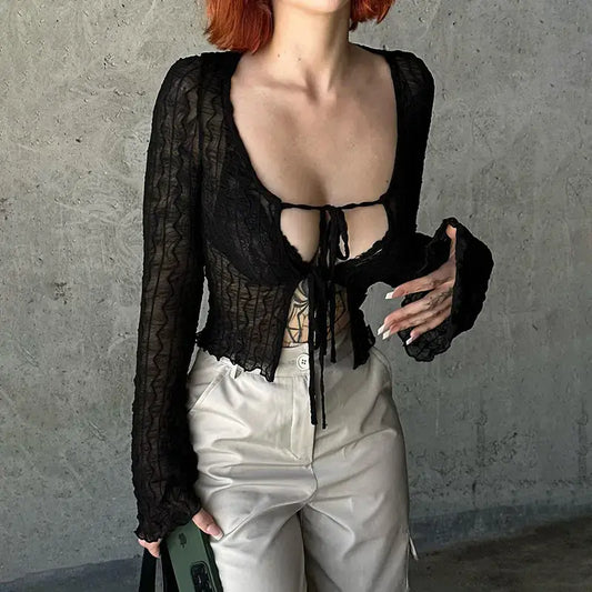 Women Fashion Gothic Mesh Lace-Up Long Sleeve Crop Top