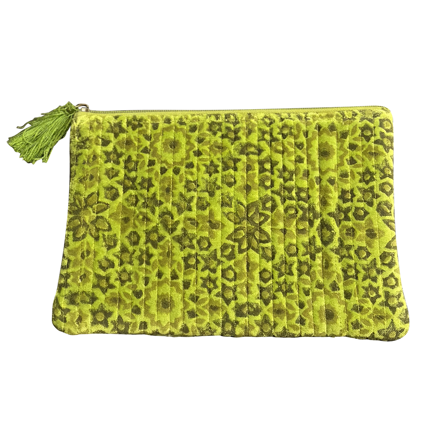 Spring Green Block Print and Quilted Floral Pouches - Large