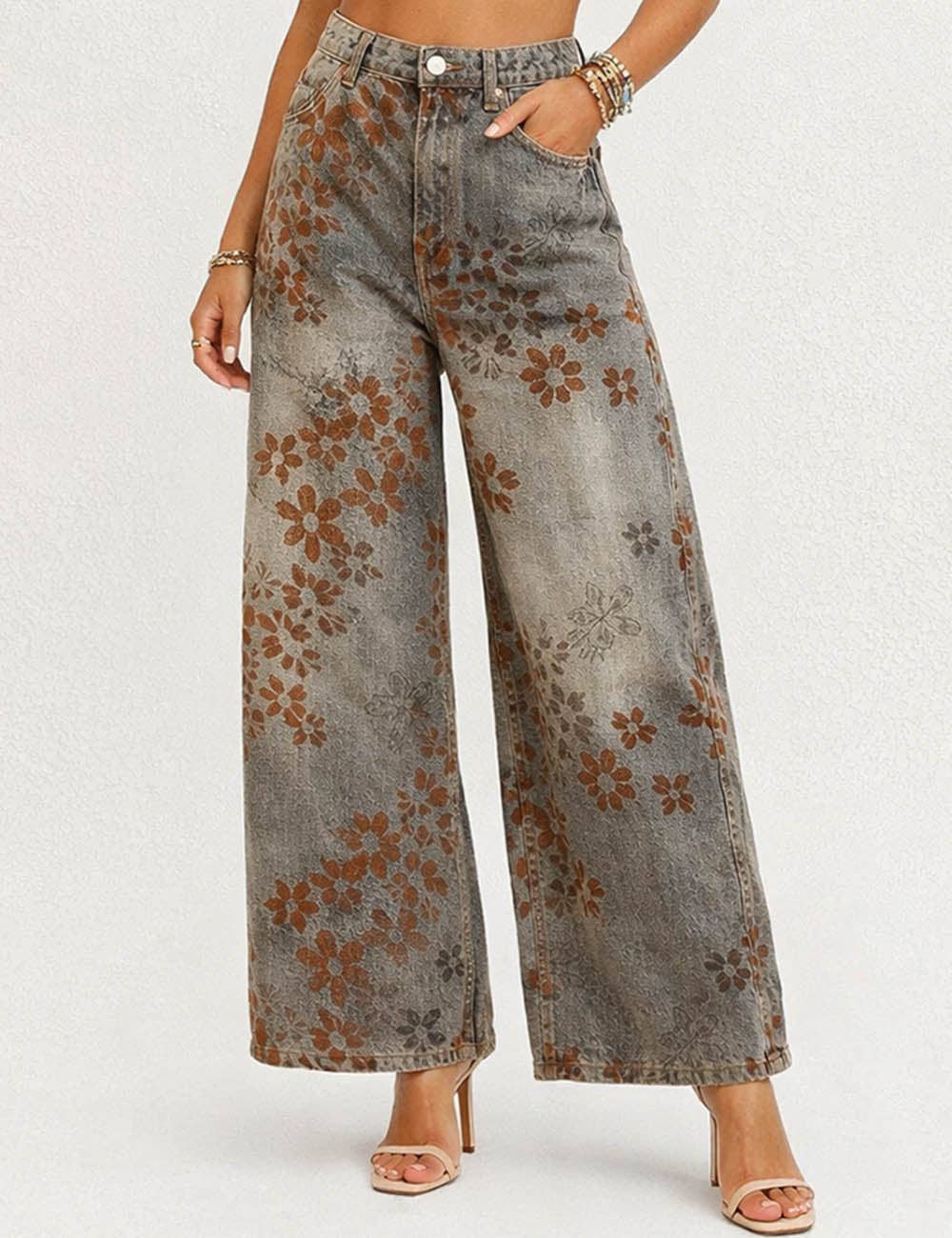 Ladies Velvet Floral Wide Barrel leg Denim Jean Pants