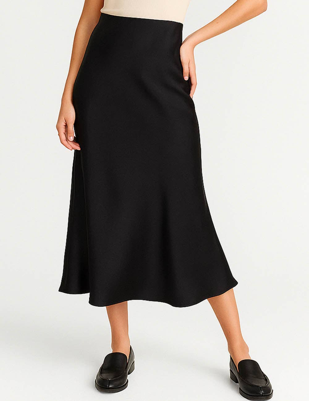Ladies Solid Color Satin Midi Skirt
