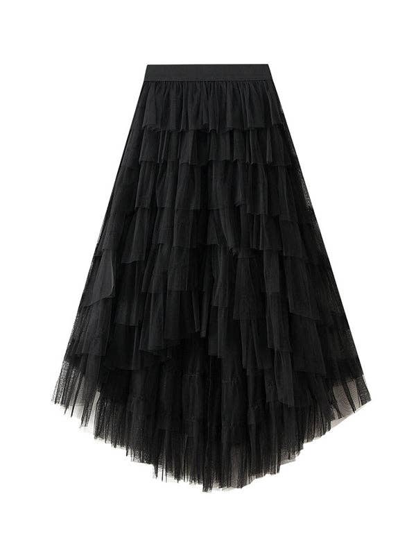 A-Line High-Low Contrast Color Elasticity Gauze Gradient Pleated Split-Joint Tiered Skirts