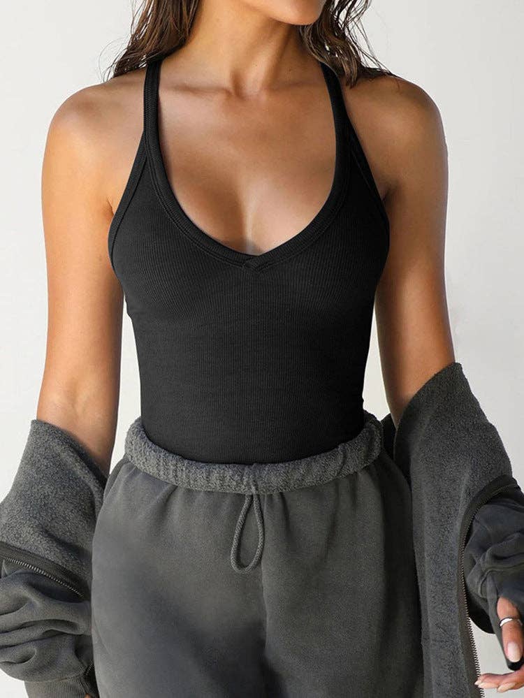 Ribbed V Neck Cami Tank Slim Fit Basic Summer Top
