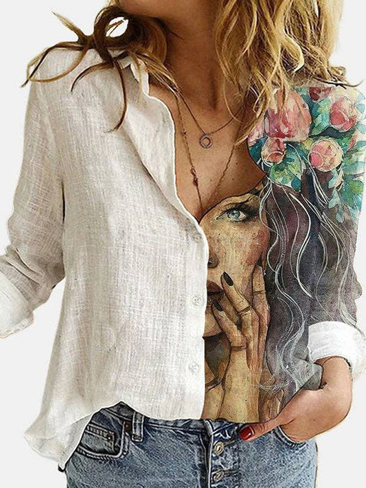 Stylish Asymmetric Floral Lady Face Printed Lapel Long Sleeves Blouse Tops