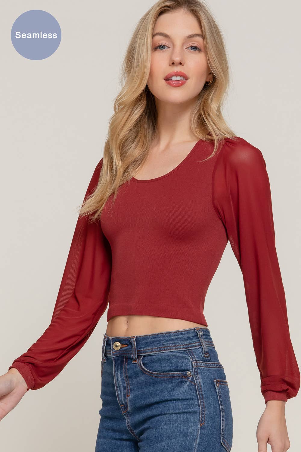 Mesh Long Sleeve Round Neck Seamless Top