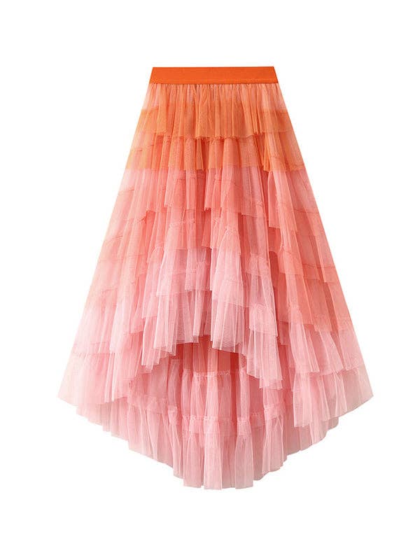 A-Line High-Low Contrast Color Elasticity Gauze Gradient Pleated Split-Joint Tiered Skirts