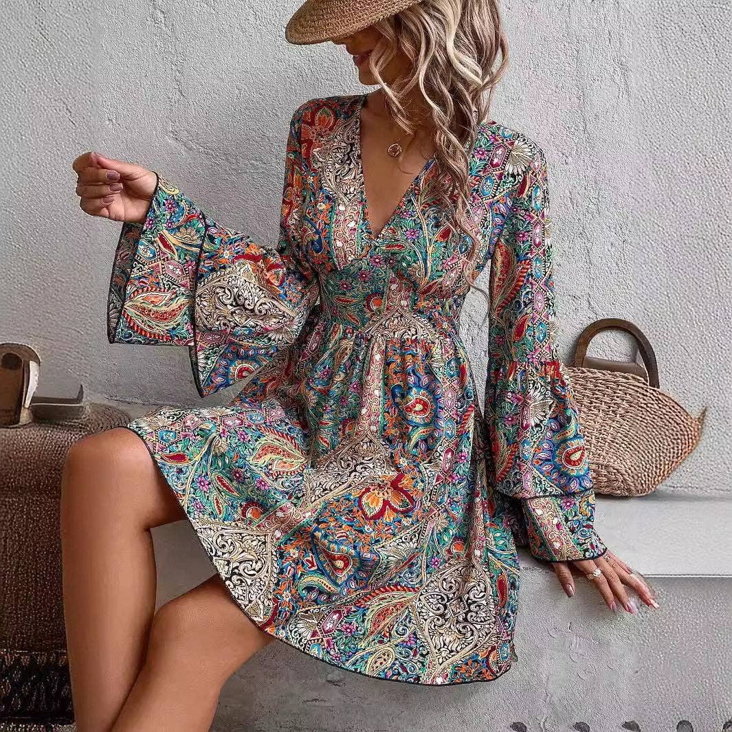 Floral Print V Neck Bell Sleeve Dress