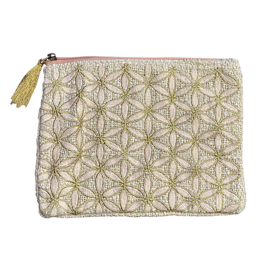 Pale Beige-Pink Gold Embroidered Flower Cotton Pouch Bag