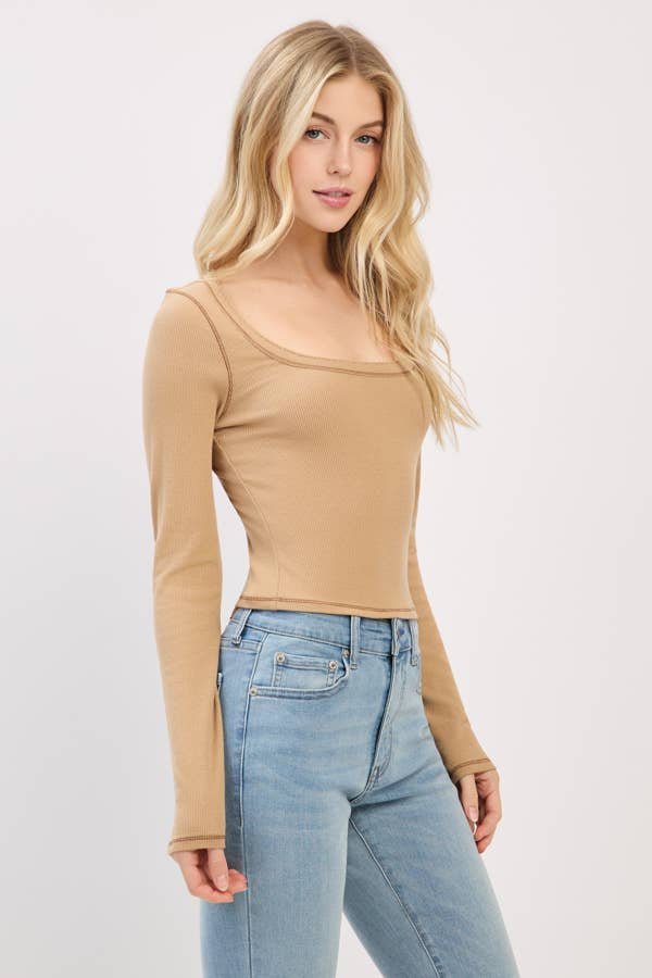 LONG SLEEVE SQUARE NECK RIBBED TOP W/ SCALLOP