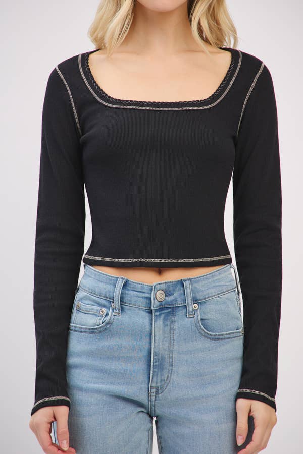 LONG SLEEVE SQUARE NECK RIBBED TOP W/ SCALLOP