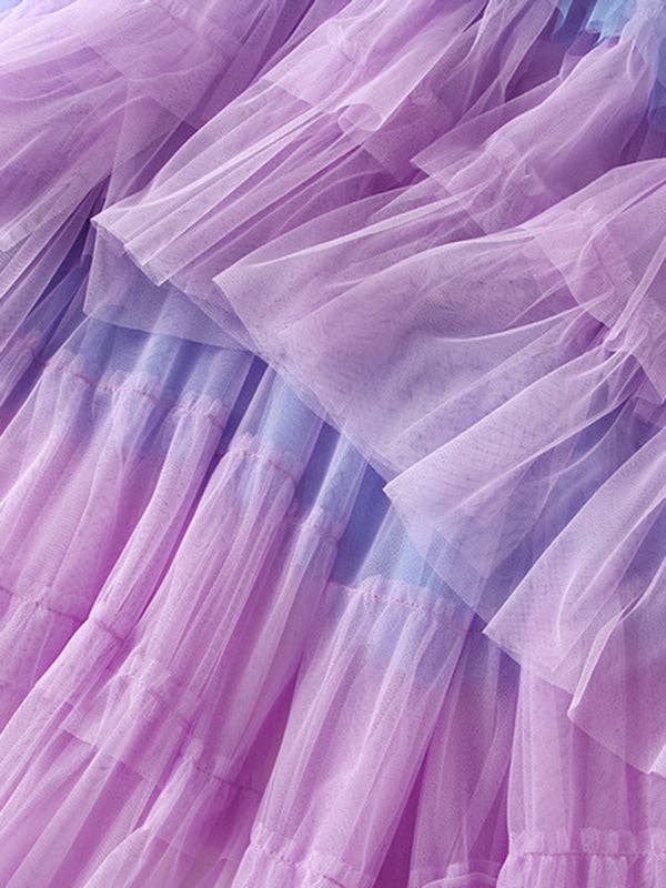 A-Line High-Low Contrast Color Elasticity Gauze Gradient Pleated Split-Joint Tiered Skirts