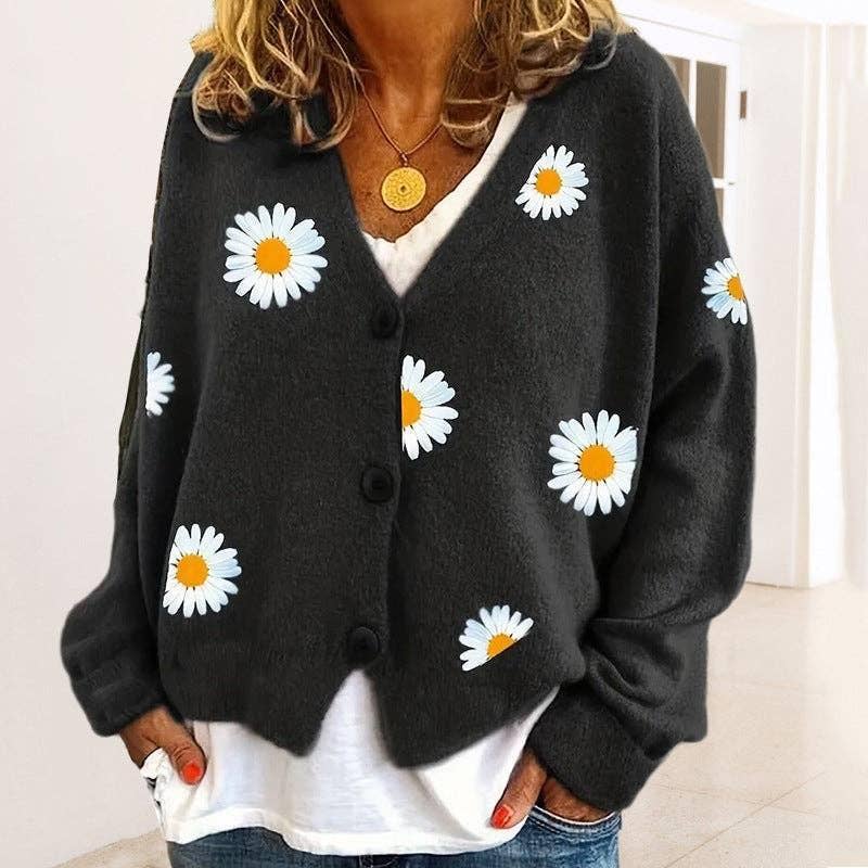 Ladies Sun Flower V-Neck Long Sleeves Sweater