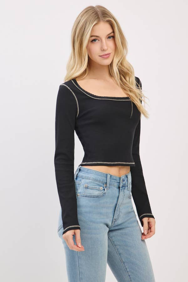 LONG SLEEVE SQUARE NECK RIBBED TOP W/ SCALLOP
