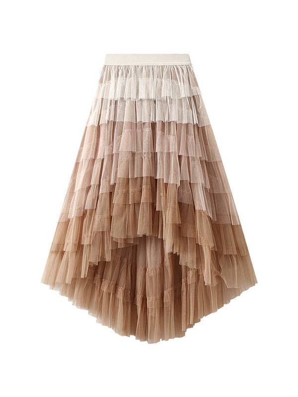 A-Line High-Low Contrast Color Elasticity Gauze Gradient Pleated Split-Joint Tiered Skirts