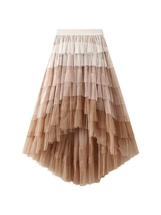 A-Line High-Low Contrast Color Elasticity Gauze Gradient Pleated Split-Joint Tiered Skirts