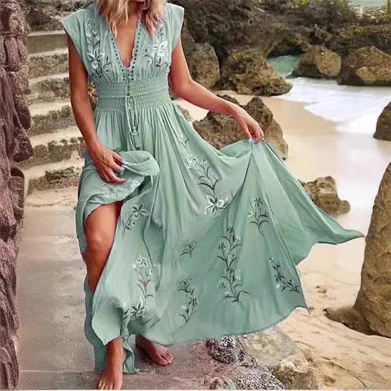 Bohemian V-Neck Printed High Waist Flutter Sleeve Dress
