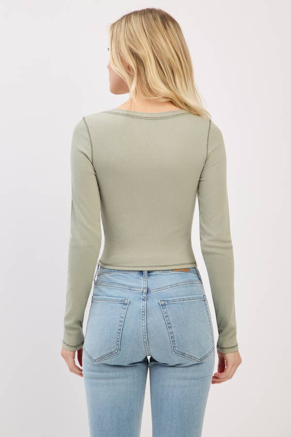 LONG SLEEVE SQUARE NECK RIBBED TOP W/ SCALLOP