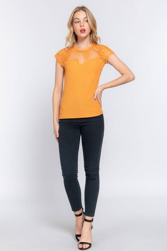 Lace Ruffle Slv Texture Knit Top