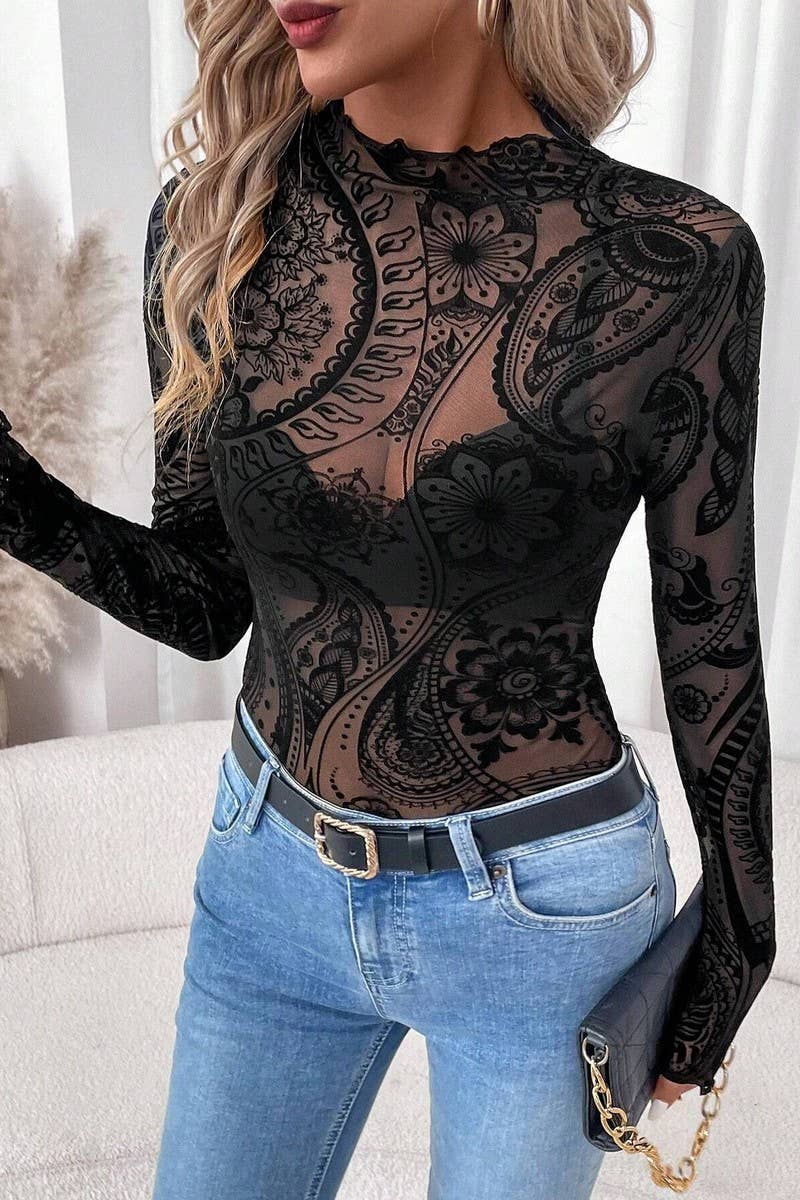 FLOCKED PRINTED MESH RUFFLED LONG SLEEVE TOP