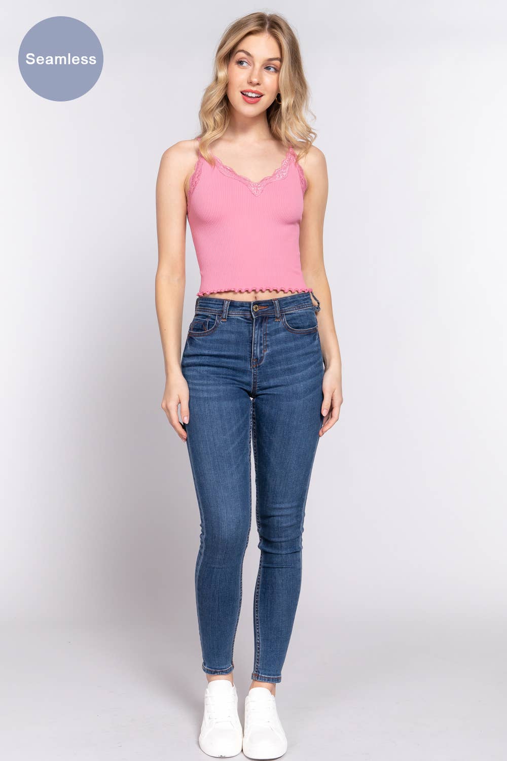 V-neck Lace Detail Seamless Rib Knit Cami Top