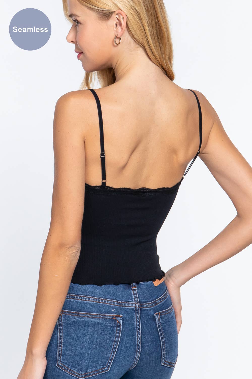 V-neck Lace Detail Seamless Rib Knit Cami Top