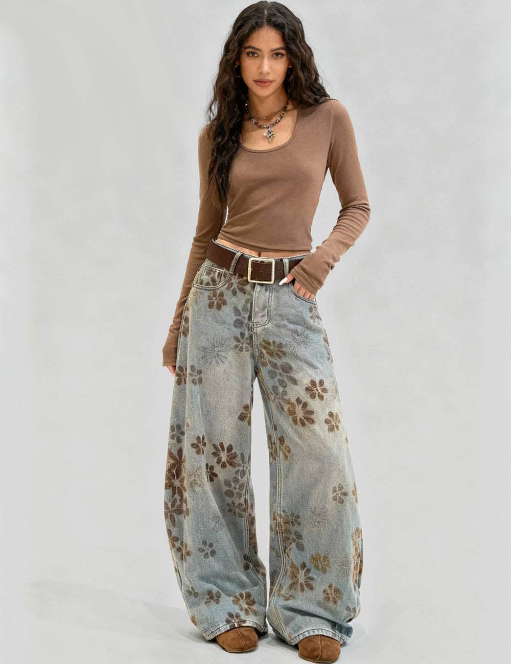 Ladies Velvet Floral Wide Barrel leg Denim Jean Pants