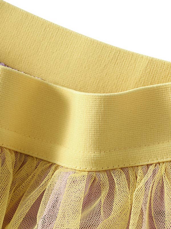 A-Line High-Low Contrast Color Elasticity Gauze Gradient Pleated Split-Joint Tiered Skirts