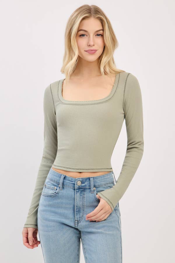 LONG SLEEVE SQUARE NECK RIBBED TOP W/ SCALLOP