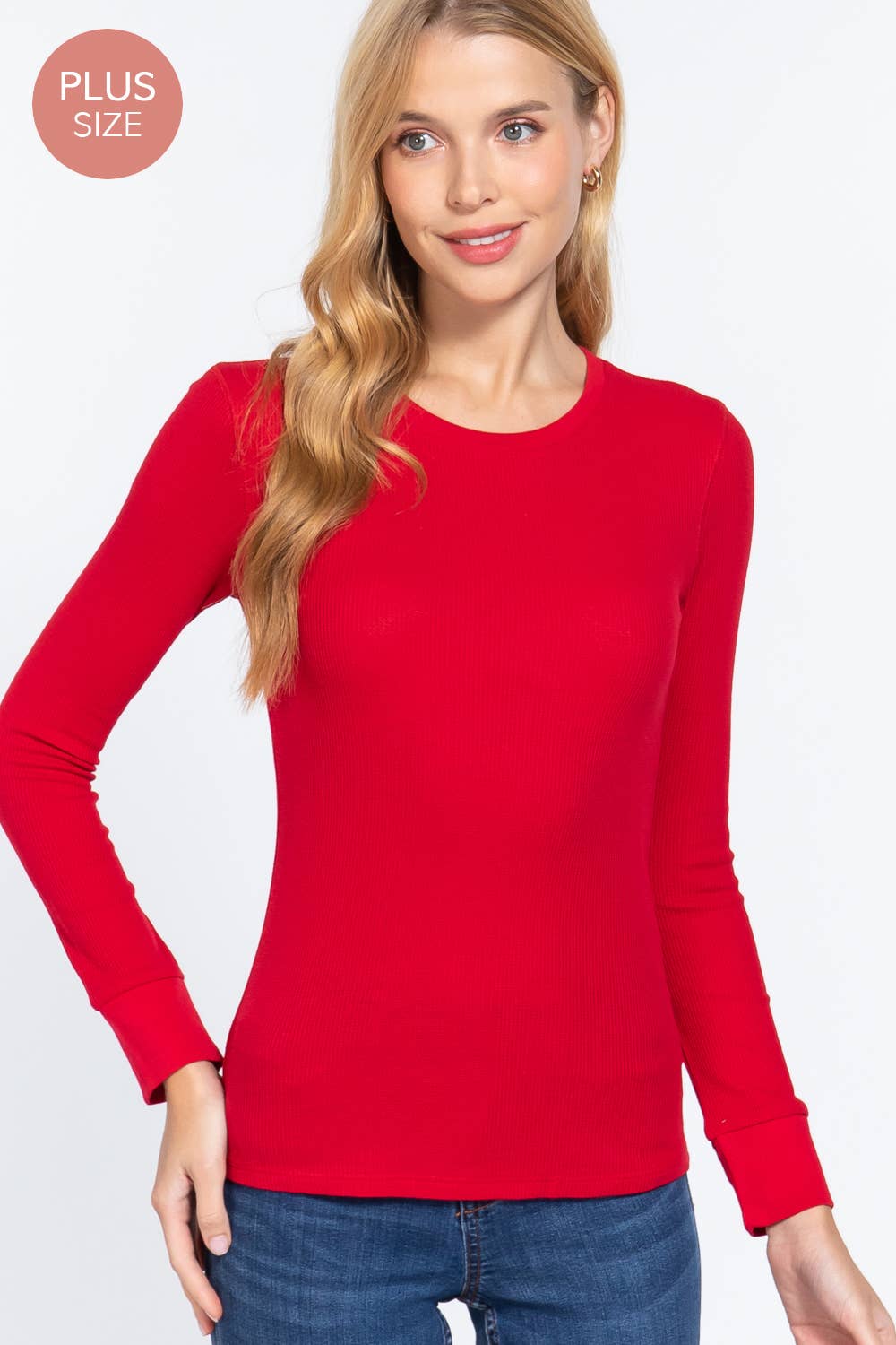 [PLUS SIZE] Long Sleeve Crew Neck Thermal Knit Top
