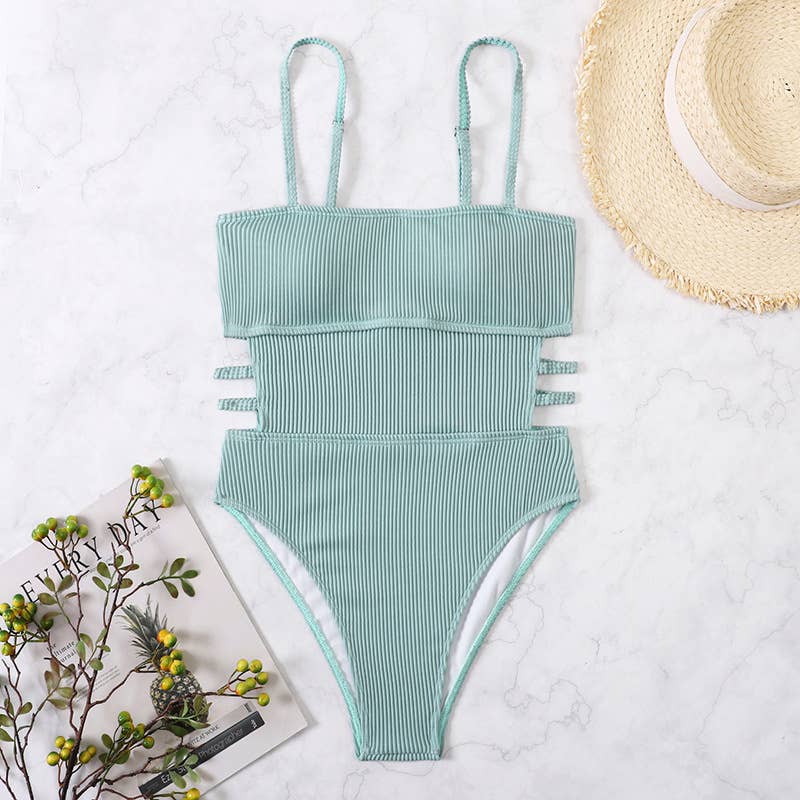 Wrinkle Solid Color Waist Cut Out One Piece Swimwear Y09