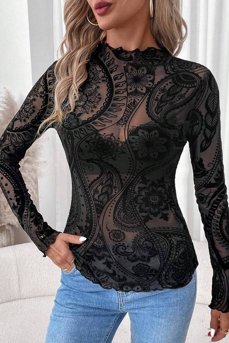 FLOCKED PRINTED MESH RUFFLED LONG SLEEVE TOP