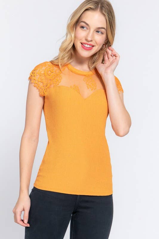 Lace Ruffle Slv Texture Knit Top Shirt