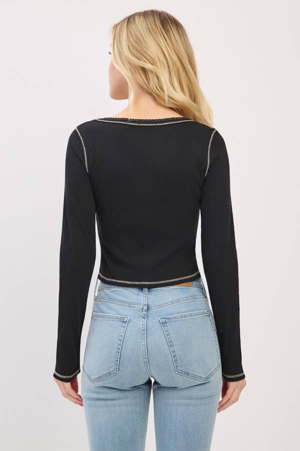 LONG SLEEVE SQUARE NECK RIBBED TOP W/ SCALLOP