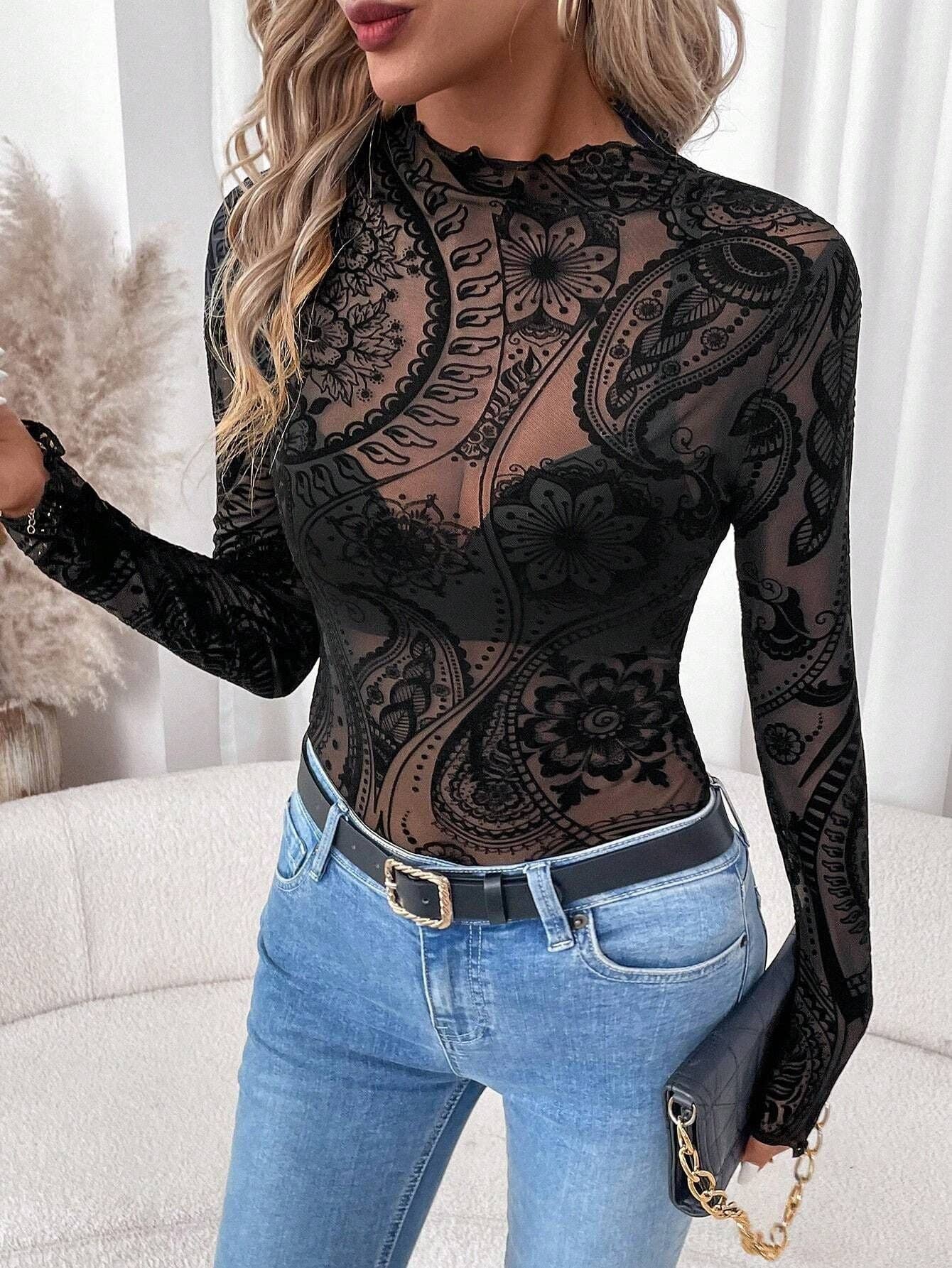 Elegant Paisley Print Sheer Long Sleeve Shirt