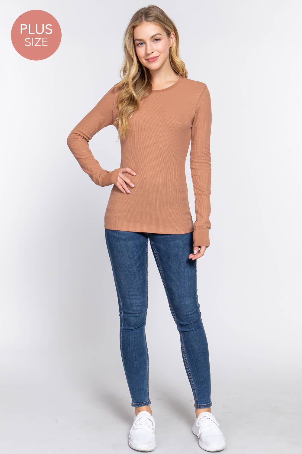 [PLUS SIZE] Long Sleeve Crew Neck Thermal Knit Top