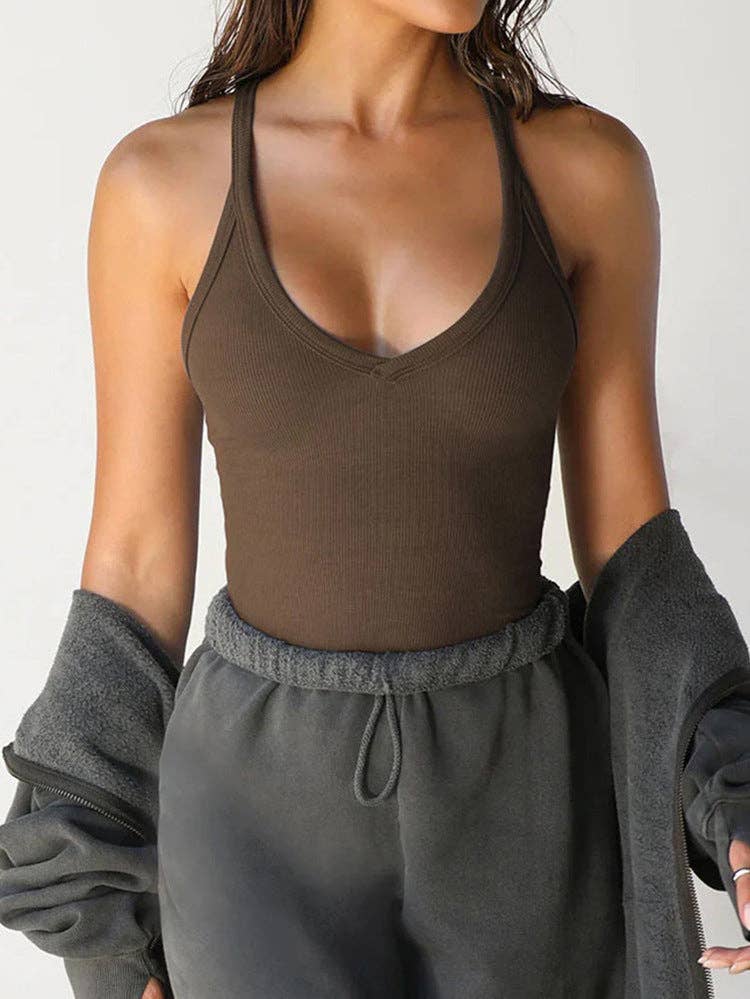 Ribbed V Neck Cami Tank Slim Fit Basic Summer Top