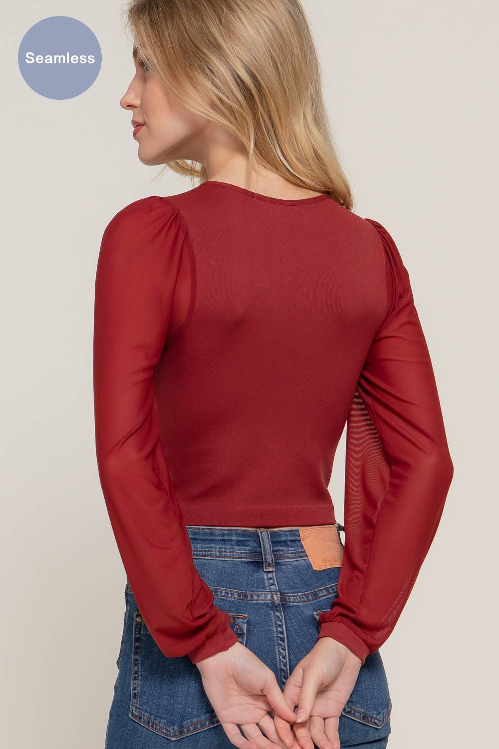 Mesh Long Sleeve Round Neck Seamless Top