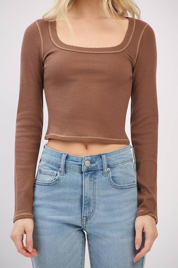 LONG SLEEVE SQUARE NECK RIBBED TOP W/ SCALLOP